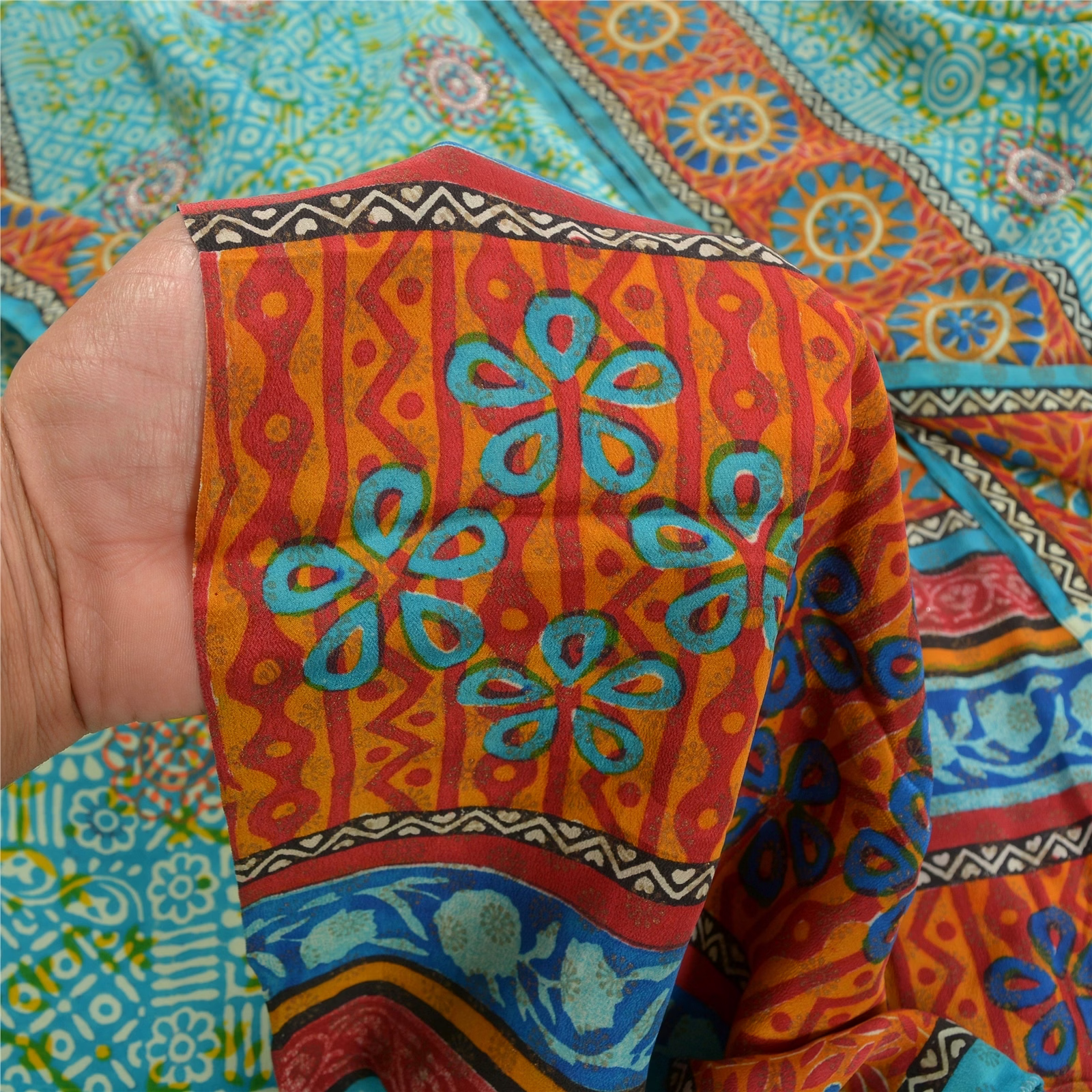 Sanskriti Vintage Sea Green Sarees Pure Crepe Silk Printed Sari 5Yd Craft Fabric, PRC-16021 image 4