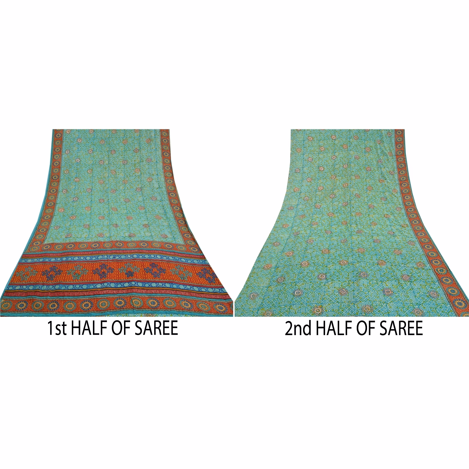 Sanskriti Vintage Sea Green Sarees Pure Crepe Silk Printed Sari 5Yd Craft Fabric, PRC-16021 image 5