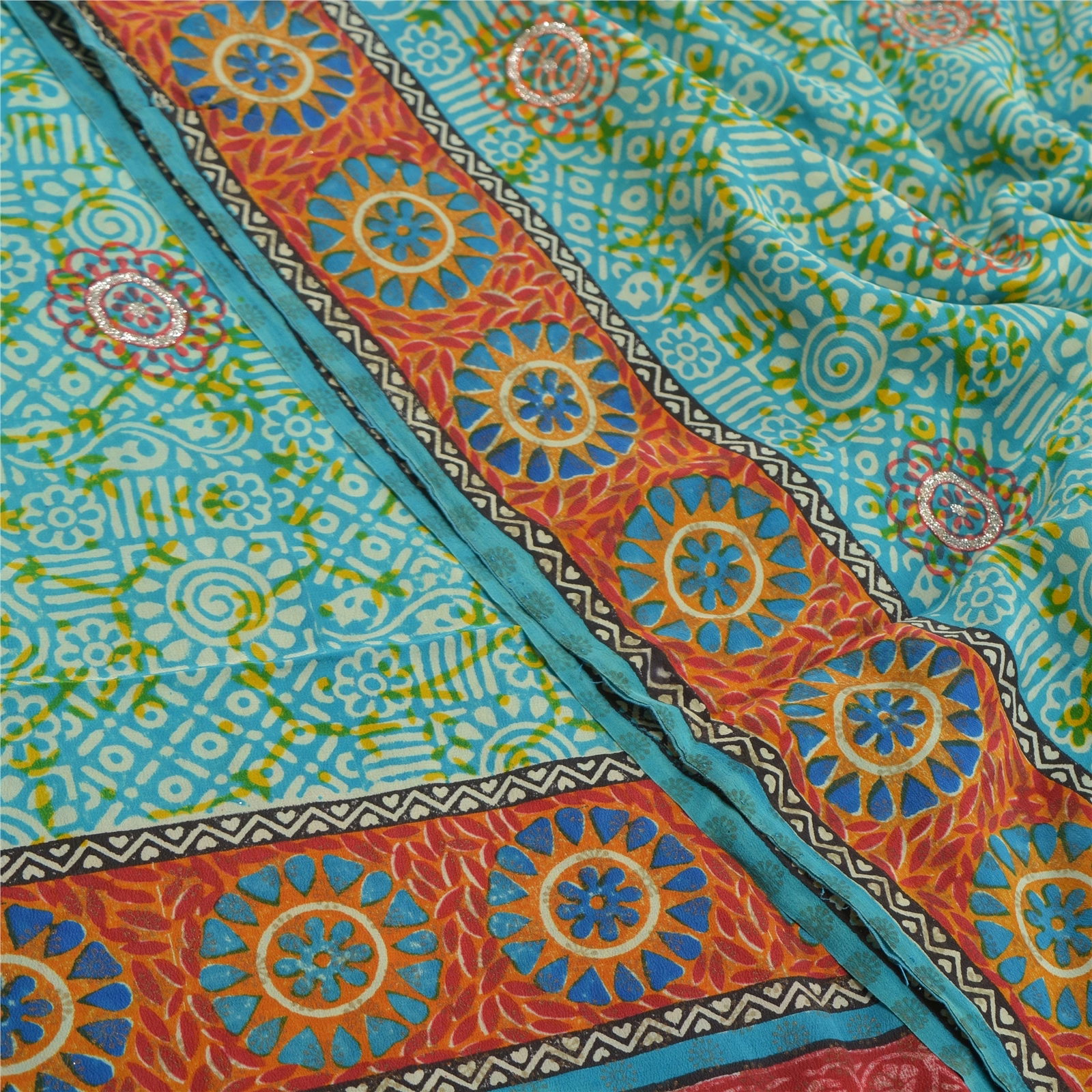 Sanskriti Vintage Sea Green Sarees Pure Crepe Silk Printed Sari 5Yd Craft Fabric, PRC-16021 image 6