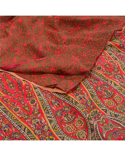 Sanskriti Vintage Red Indian Sarees Pure Crepe Silk Printed Sari Craft Fabric, PRC-16042-Red-Printed Floral Design-Pure Crepe Silk-1