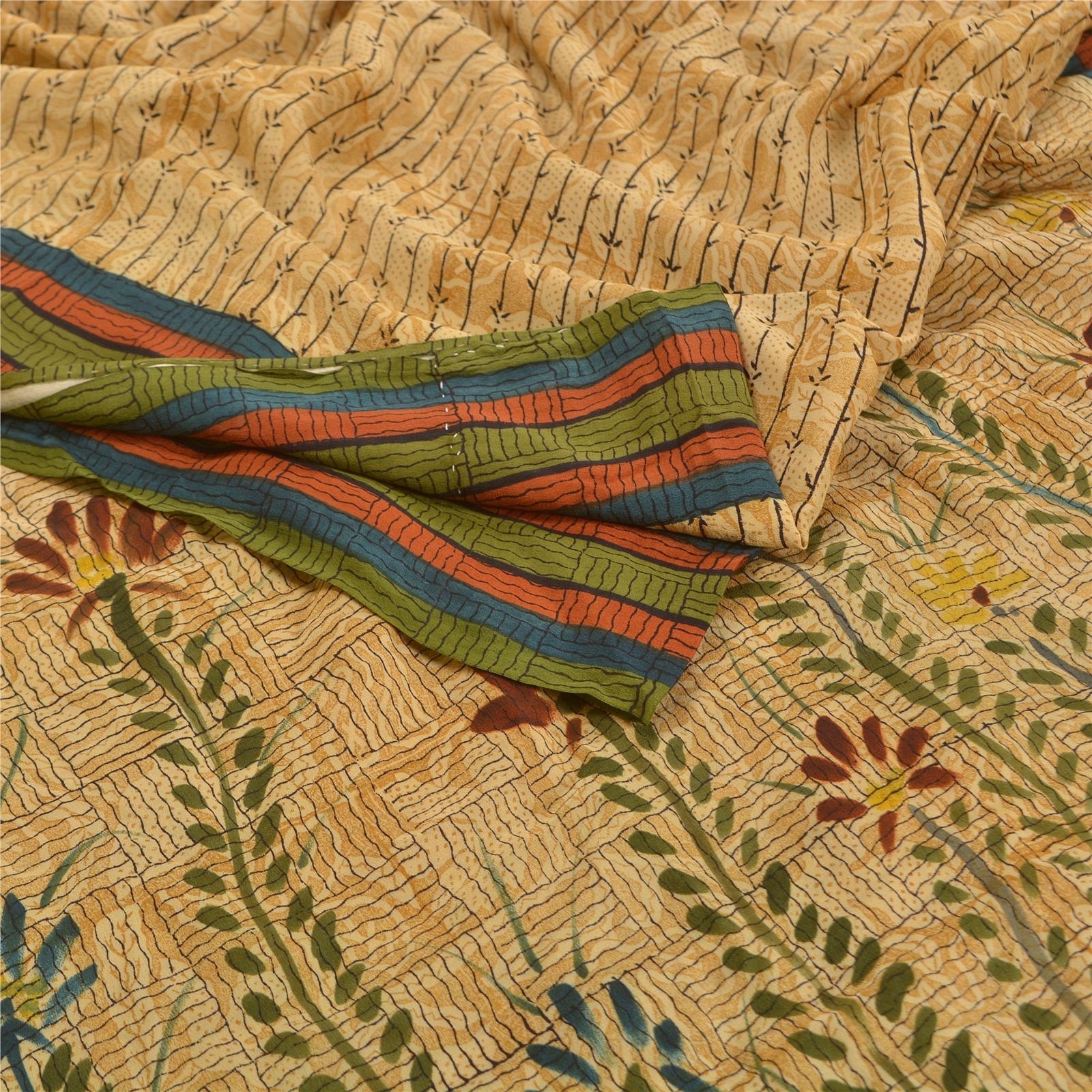 Sanskriti Vintage Pale Cream Sarees Printed Pure Crepe Silk Sari Craft Fabric, PRC-16073 image 1