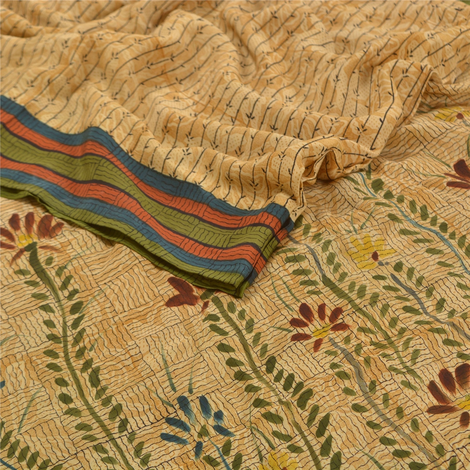 Sanskriti Vintage Pale Cream Sarees Printed Pure Crepe Silk Sari Craft Fabric, PRC-16073 image 2
