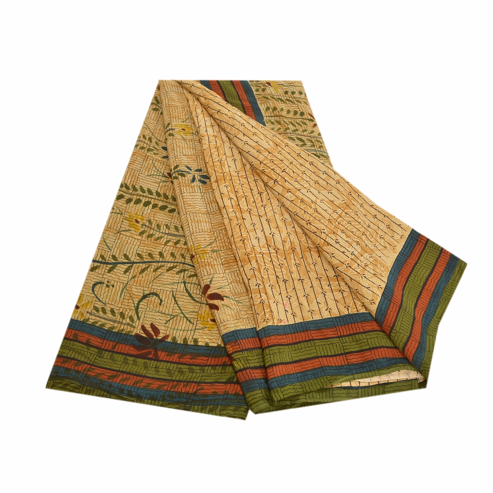 Sanskriti Vintage Pale Cream Sarees Printed Pure Crepe Silk Sari Craft Fabric, PRC-16073 image 7