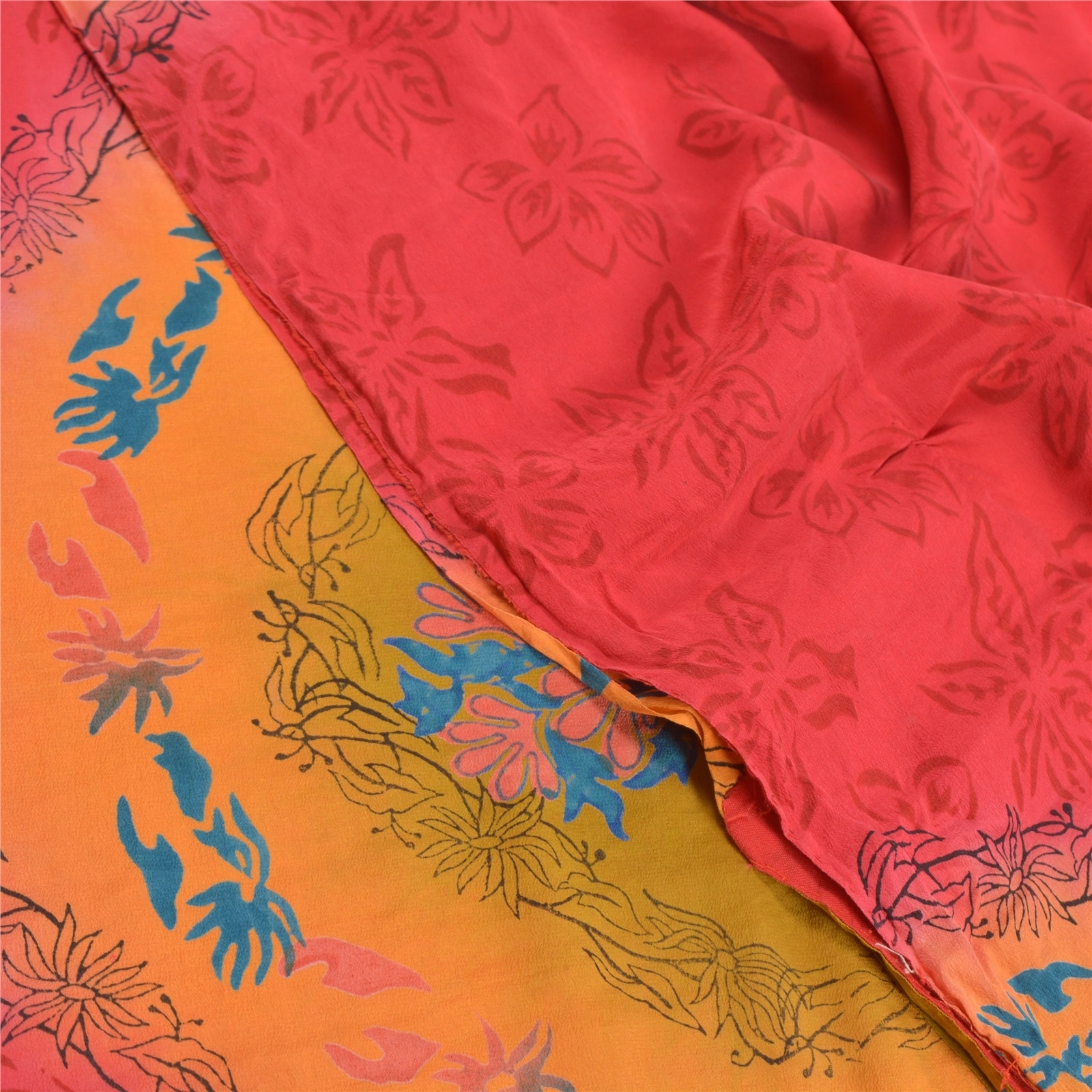 Sanskriti Vintage Scarlet Sarees Printed Pure Crepe Silk Sari 5Yd Craft Fabric, PRC-16096-Scarlet-Printed Floral Design-Pure Crepe Silk-5