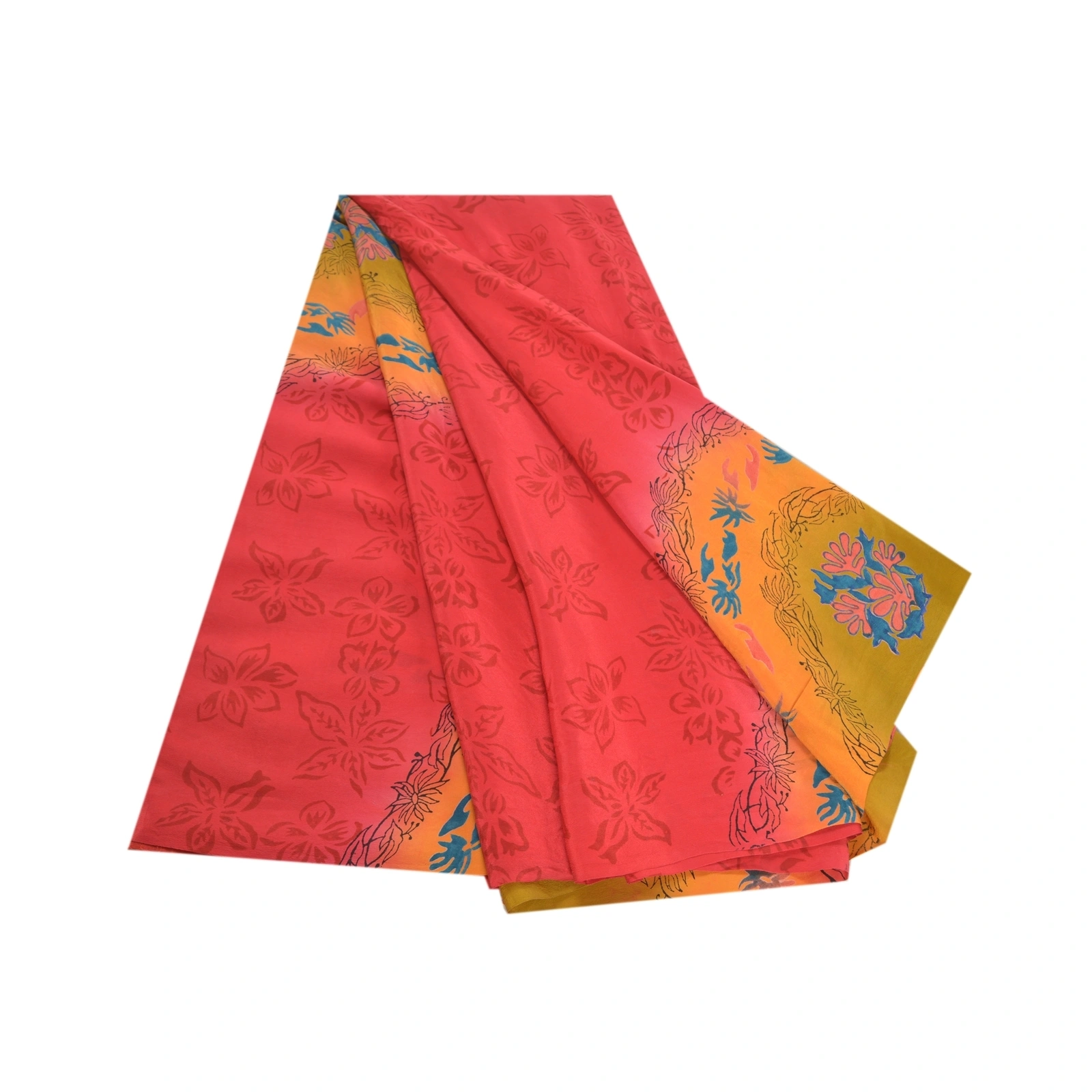 Sanskriti Vintage Scarlet Sarees Printed Pure Crepe Silk Sari 5Yd Craft Fabric, PRC-16096-Scarlet-Printed Floral Design-Pure Crepe Silk-7