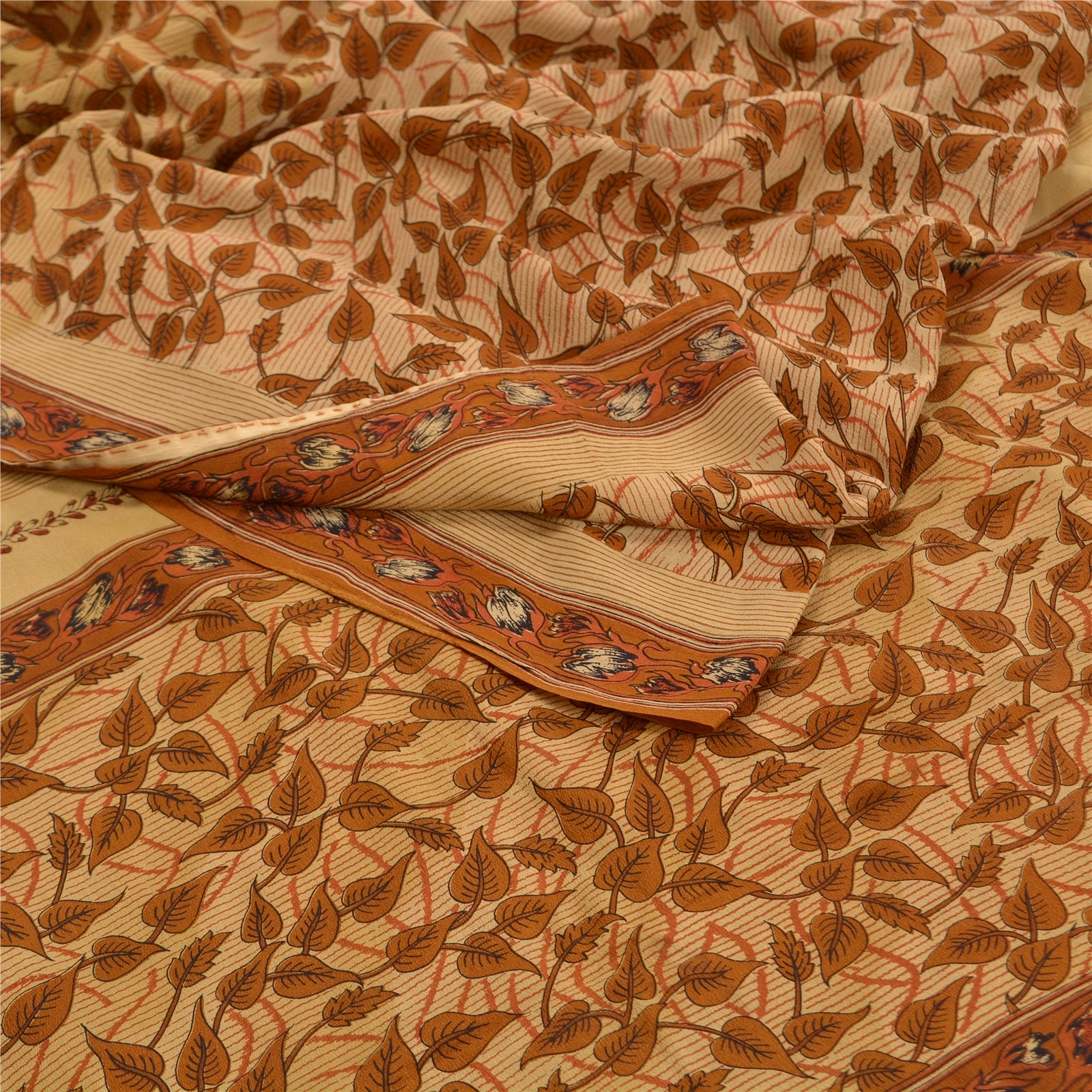 Sanskriti Vintage Brown Sarees Printed Pure Crepe Silk Sari Floral Craft Fabric, PRC-16097 image 1
