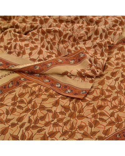 Sanskriti Vintage Brown Sarees Printed Pure Crepe Silk Sari Floral Craft Fabric, PRC-16097-Brown-Printed Floral Design-Pure Crepe Silk-1