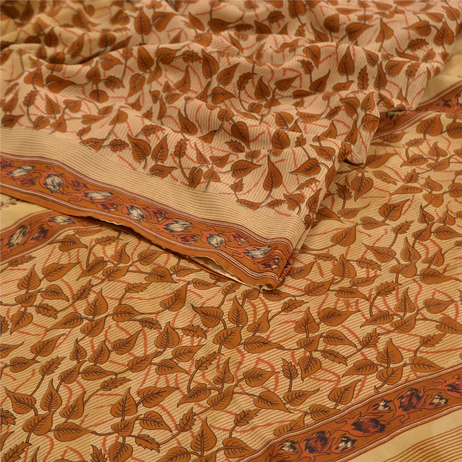 Sanskriti Vintage Brown Sarees Printed Pure Crepe Silk Sari Floral Craft Fabric, PRC-16097 image 2