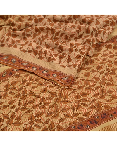 Sanskriti Vintage Brown Sarees Printed Pure Crepe Silk Sari Floral Craft Fabric, PRC-16097-Brown-Printed Floral Design-Pure Crepe Silk-2