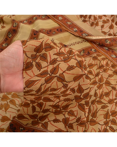 Sanskriti Vintage Brown Sarees Printed Pure Crepe Silk Sari Floral Craft Fabric, PRC-16097-Brown-Printed Floral Design-Pure Crepe Silk-3