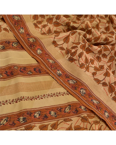 Sanskriti Vintage Brown Sarees Printed Pure Crepe Silk Sari Floral Craft Fabric, PRC-16097-Brown-Printed Floral Design-Pure Crepe Silk-5