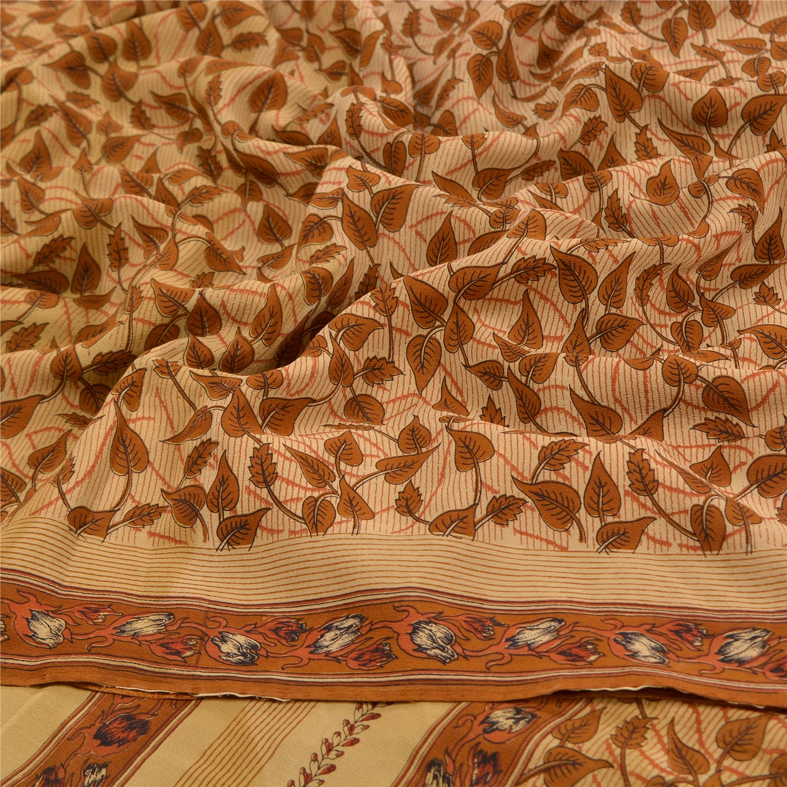 Sanskriti Vintage Brown Sarees Printed Pure Crepe Silk Sari Floral Craft Fabric, PRC-16097 image 6
