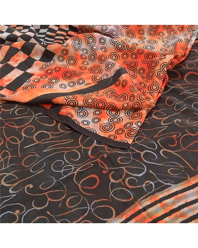 Sanskriti Vintage Tie-Dye Orange Sarees Pure Crepe Silk Print Sari Craft Fabric, PRC-16174-Orange-Printed Floral Design-Pure Crepe Silk-1