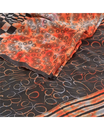 Sanskriti Vintage Tie-Dye Orange Sarees Pure Crepe Silk Print Sari Craft Fabric, PRC-16174-Orange-Printed Floral Design-Pure Crepe Silk-2