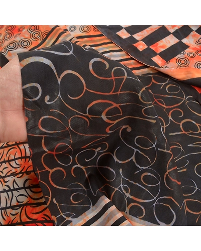 Sanskriti Vintage Tie-Dye Orange Sarees Pure Crepe Silk Print Sari Craft Fabric, PRC-16174-Orange-Printed Floral Design-Pure Crepe Silk-3