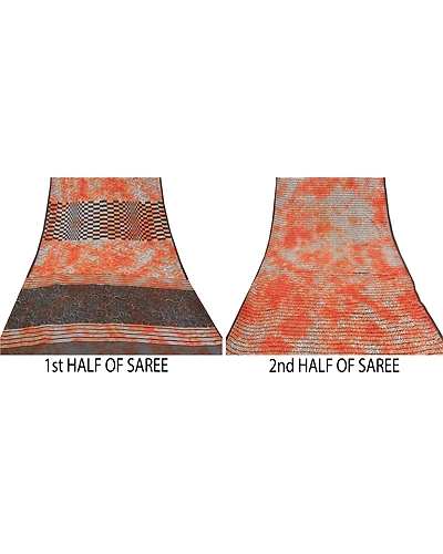Sanskriti Vintage Tie-Dye Orange Sarees Pure Crepe Silk Print Sari Craft Fabric, PRC-16174-Orange-Printed Floral Design-Pure Crepe Silk-4