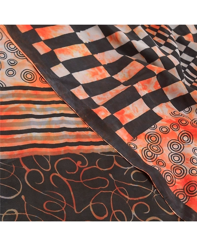 Sanskriti Vintage Tie-Dye Orange Sarees Pure Crepe Silk Print Sari Craft Fabric, PRC-16174-Orange-Printed Floral Design-Pure Crepe Silk-5