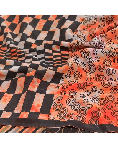 Sanskriti Vintage Tie-Dye Orange Sarees Pure Crepe Silk Print Sari Craft Fabric, PRC-16174-Orange-Printed Floral Design-Pure Crepe Silk-6