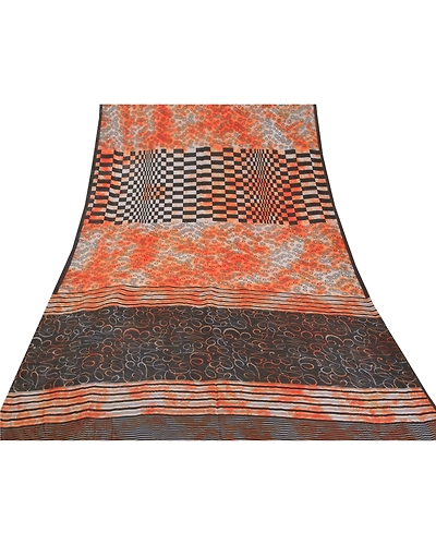 Sanskriti Vintage Tie-Dye Orange Sarees Pure Crepe Silk Print Sari Craft Fabric, PRC-16174-Orange-Printed Floral Design-Pure Crepe Silk-8