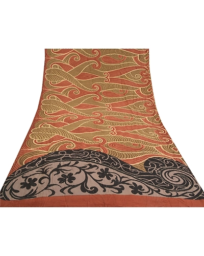 Sanskriti Vintage Brown Sarees Pure Crepe Silk Printed Sari Craft Fabric, PRC-16214-Shades Of Brown-Printed Floral-Pure Crepe Silk-8