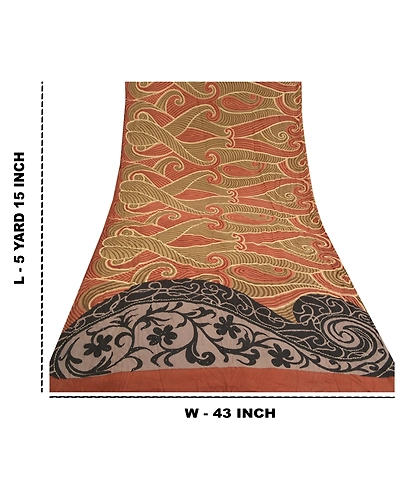 Sanskriti Vintage Brown Sarees Pure Crepe Silk Printed Sari Craft Fabric, PRC-16214-Shades Of Brown-Printed Floral-Pure Crepe Silk-9