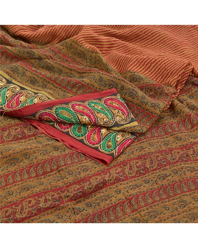 Sanskriti Vintage Red Embroidery Pure Crepe Silk Sarees Print Sari Craft Fabric, PRC-16273-Red-Printed Floral Design-Pure Crepe Silk-1