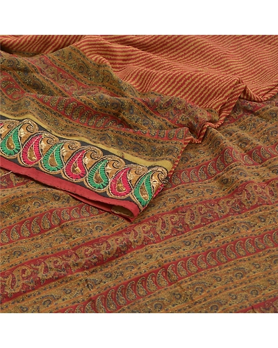Sanskriti Vintage Red Embroidery Pure Crepe Silk Sarees Print Sari Craft Fabric, PRC-16273-Red-Printed Floral Design-Pure Crepe Silk-2