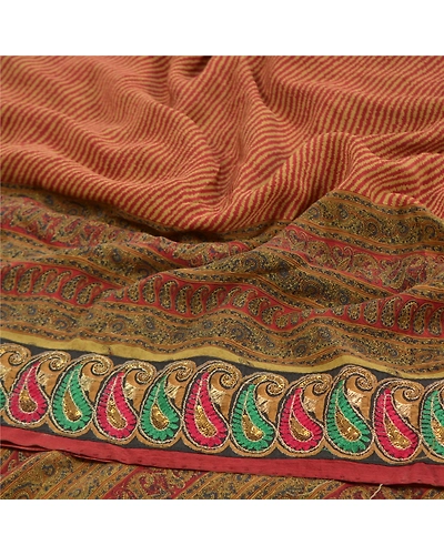 Sanskriti Vintage Red Embroidery Pure Crepe Silk Sarees Print Sari Craft Fabric, PRC-16273-Red-Printed Floral Design-Pure Crepe Silk-6