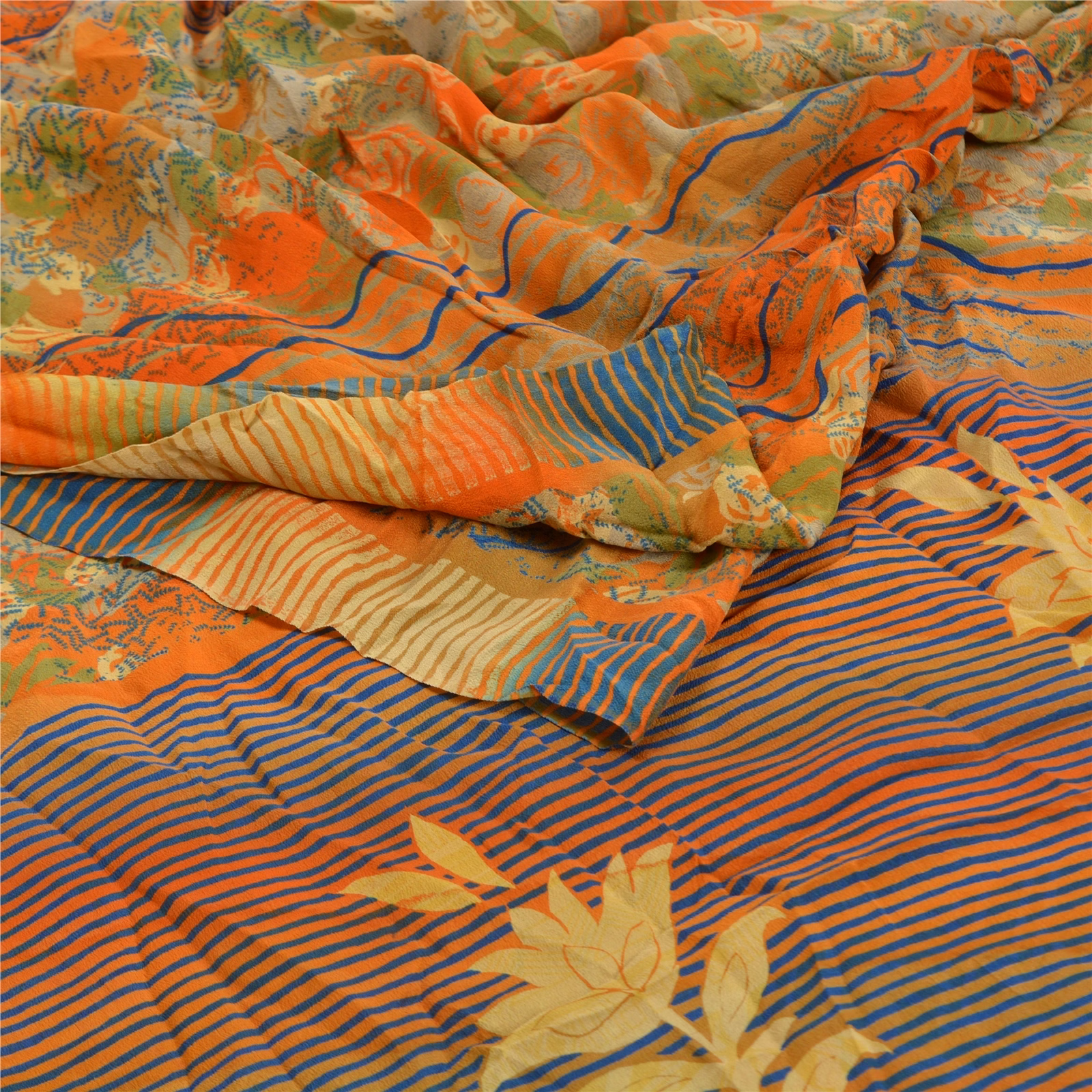 Sanskriti Vintage Orange Indian Sarees Pure Crepe Silk Printed Sari Craft Fabric, PRC-16341 image 1