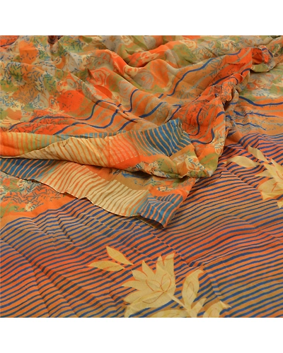 Sanskriti Vintage Orange Indian Sarees Pure Crepe Silk Printed Sari Craft Fabric, PRC-16341-Orange-Printed Floral Design-Pure Crepe Silk-1
