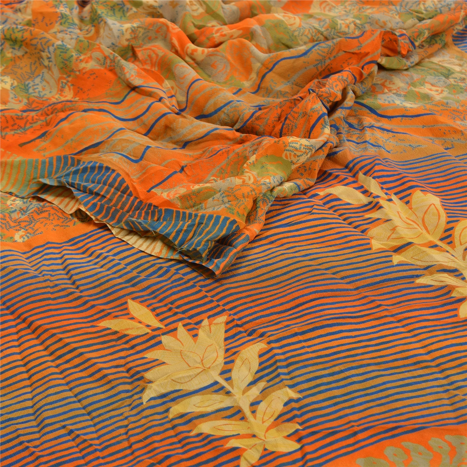 Sanskriti Vintage Orange Indian Sarees Pure Crepe Silk Printed Sari Craft Fabric, PRC-16341 image 2