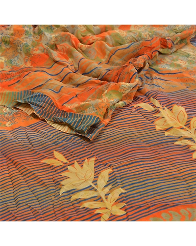 Sanskriti Vintage Orange Indian Sarees Pure Crepe Silk Printed Sari Craft Fabric, PRC-16341-Orange-Printed Floral Design-Pure Crepe Silk-2