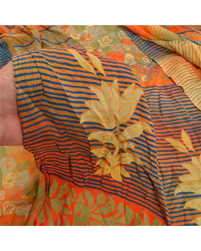 Sanskriti Vintage Orange Indian Sarees Pure Crepe Silk Printed Sari Craft Fabric, PRC-16341-Orange-Printed Floral Design-Pure Crepe Silk-3