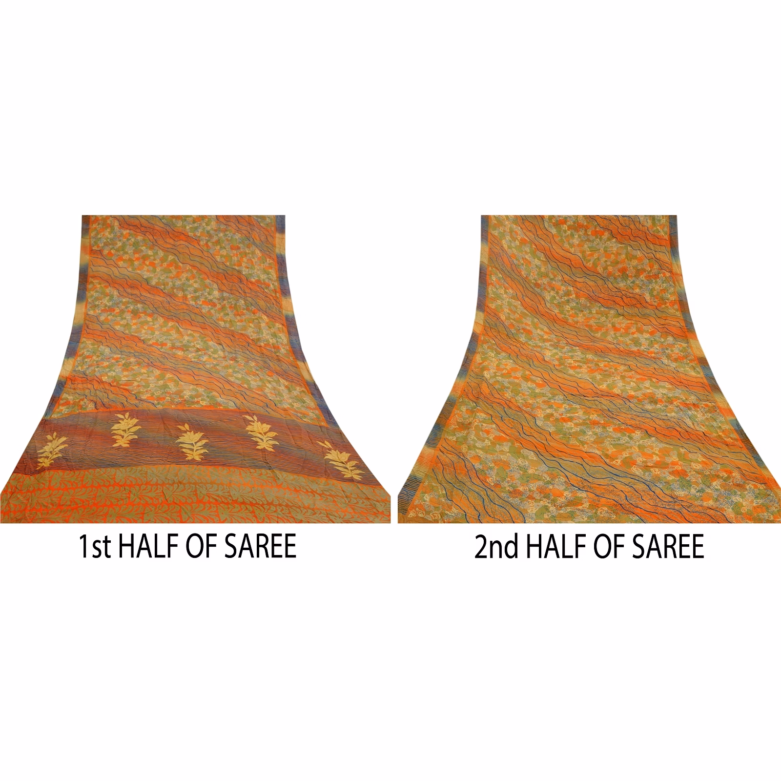 Sanskriti Vintage Orange Indian Sarees Pure Crepe Silk Printed Sari Craft Fabric, PRC-16341 image 4