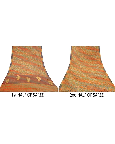 Sanskriti Vintage Orange Indian Sarees Pure Crepe Silk Printed Sari Craft Fabric, PRC-16341-Orange-Printed Floral Design-Pure Crepe Silk-4