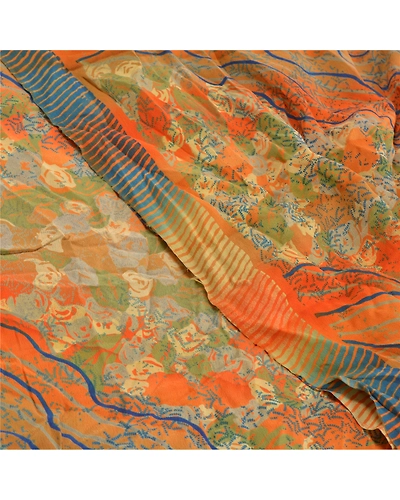 Sanskriti Vintage Orange Indian Sarees Pure Crepe Silk Printed Sari Craft Fabric, PRC-16341-Orange-Printed Floral Design-Pure Crepe Silk-5