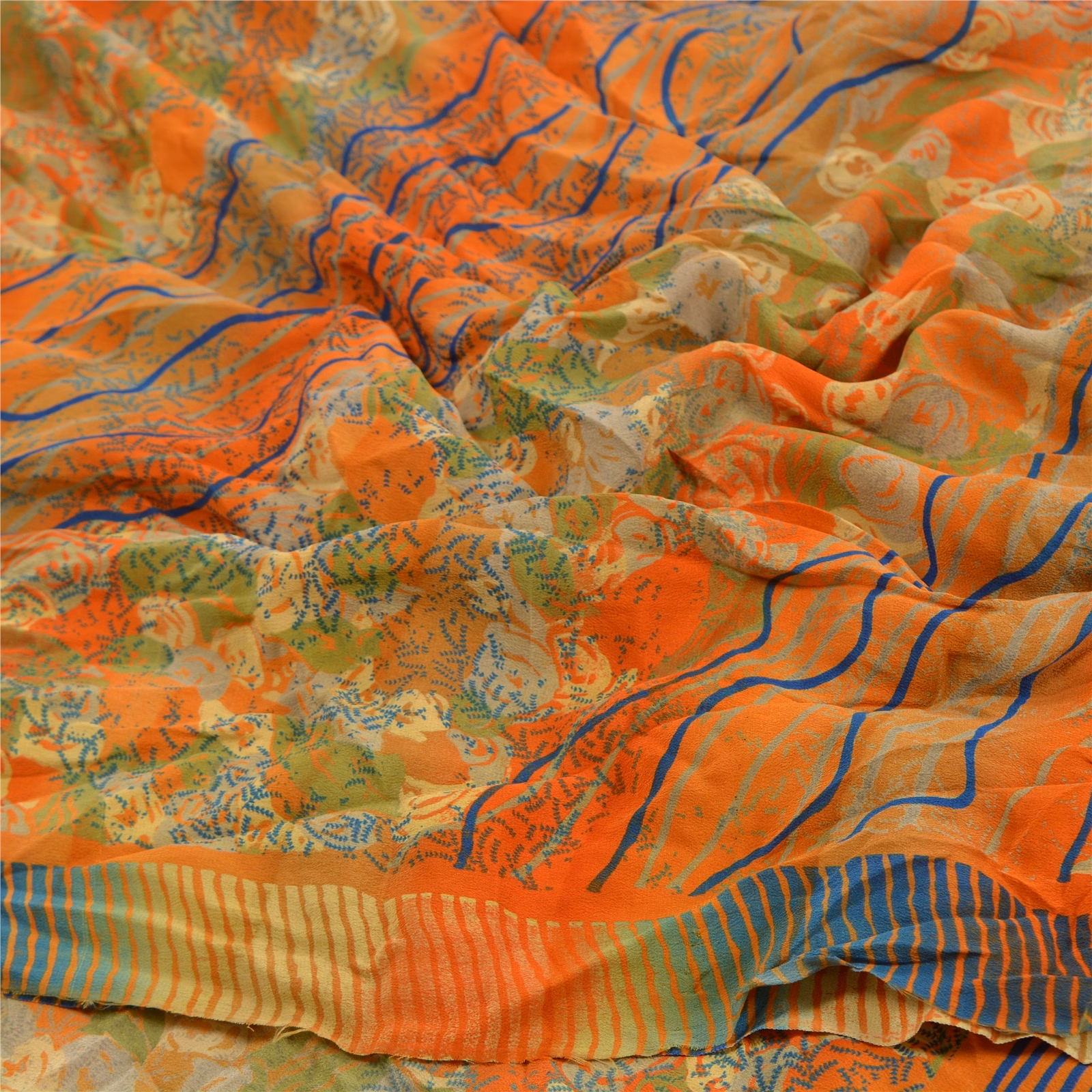 Sanskriti Vintage Orange Indian Sarees Pure Crepe Silk Printed Sari Craft Fabric, PRC-16341 image 6