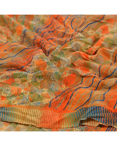 Sanskriti Vintage Orange Indian Sarees Pure Crepe Silk Printed Sari Craft Fabric, PRC-16341-Orange-Printed Floral Design-Pure Crepe Silk-6