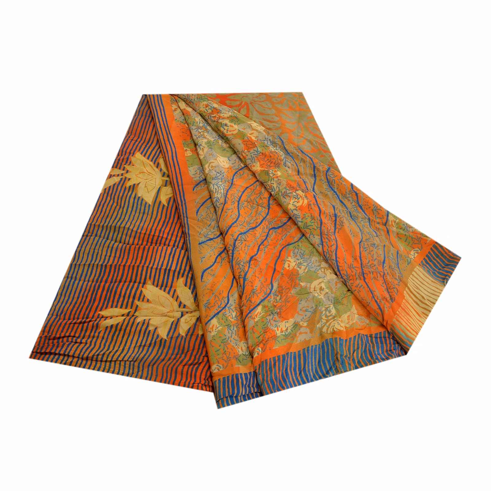 Sanskriti Vintage Orange Indian Sarees Pure Crepe Silk Printed Sari Craft Fabric, PRC-16341 image 7