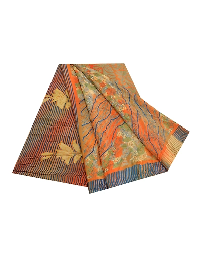 Sanskriti Vintage Orange Indian Sarees Pure Crepe Silk Printed Sari Craft Fabric, PRC-16341-Orange-Printed Floral Design-Pure Crepe Silk-7