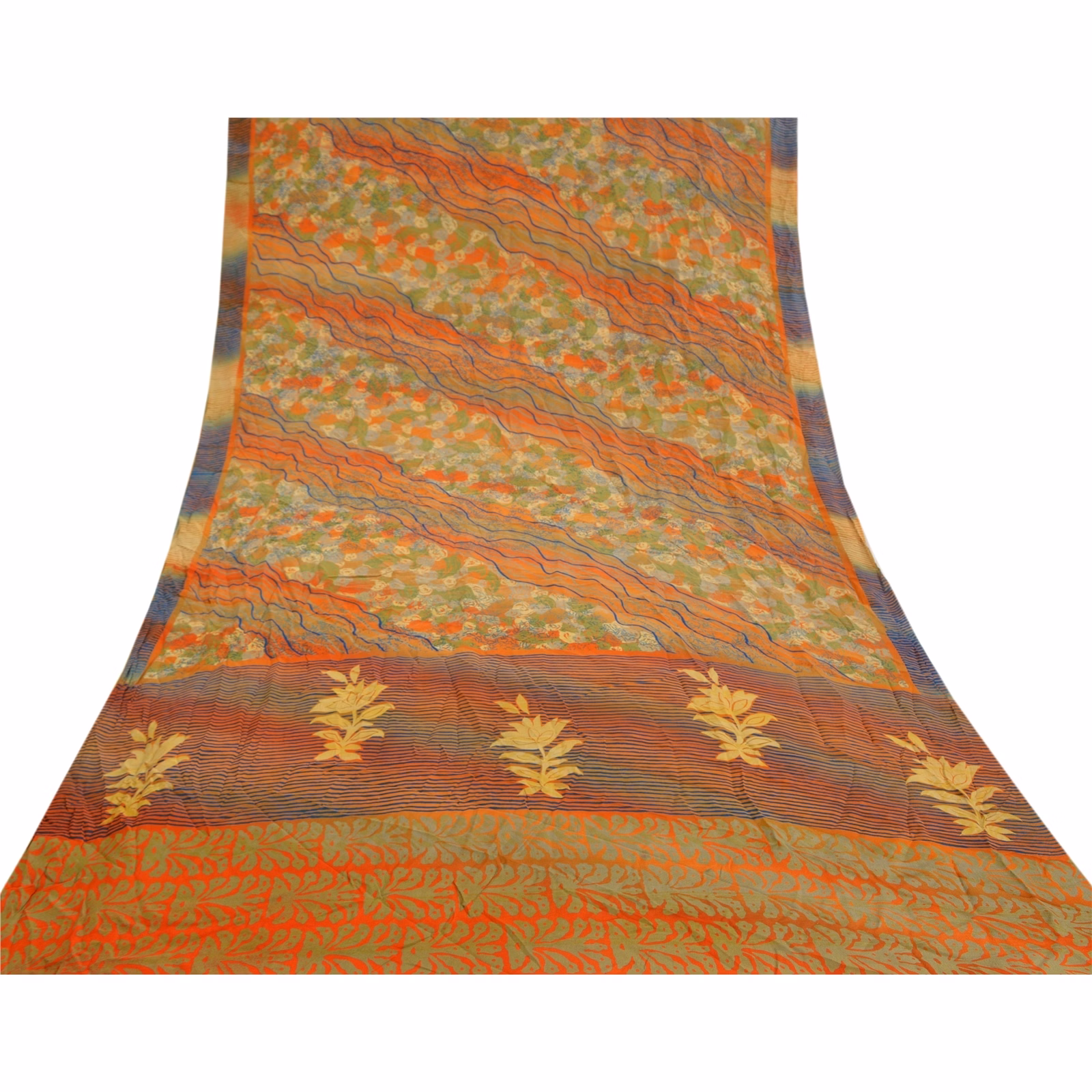 Sanskriti Vintage Orange Indian Sarees Pure Crepe Silk Printed Sari Craft Fabric, PRC-16341 image 8