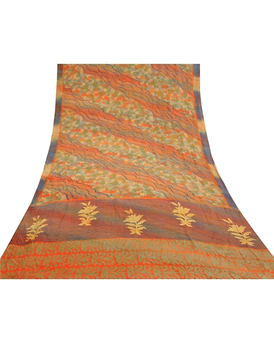 Sanskriti Vintage Orange Indian Sarees Pure Crepe Silk Printed Sari Craft Fabric, PRC-16341-Orange-Printed Floral Design-Pure Crepe Silk-8