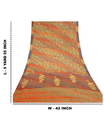 Sanskriti Vintage Orange Indian Sarees Pure Crepe Silk Printed Sari Craft Fabric, PRC-16341-Orange-Printed Floral Design-Pure Crepe Silk-9