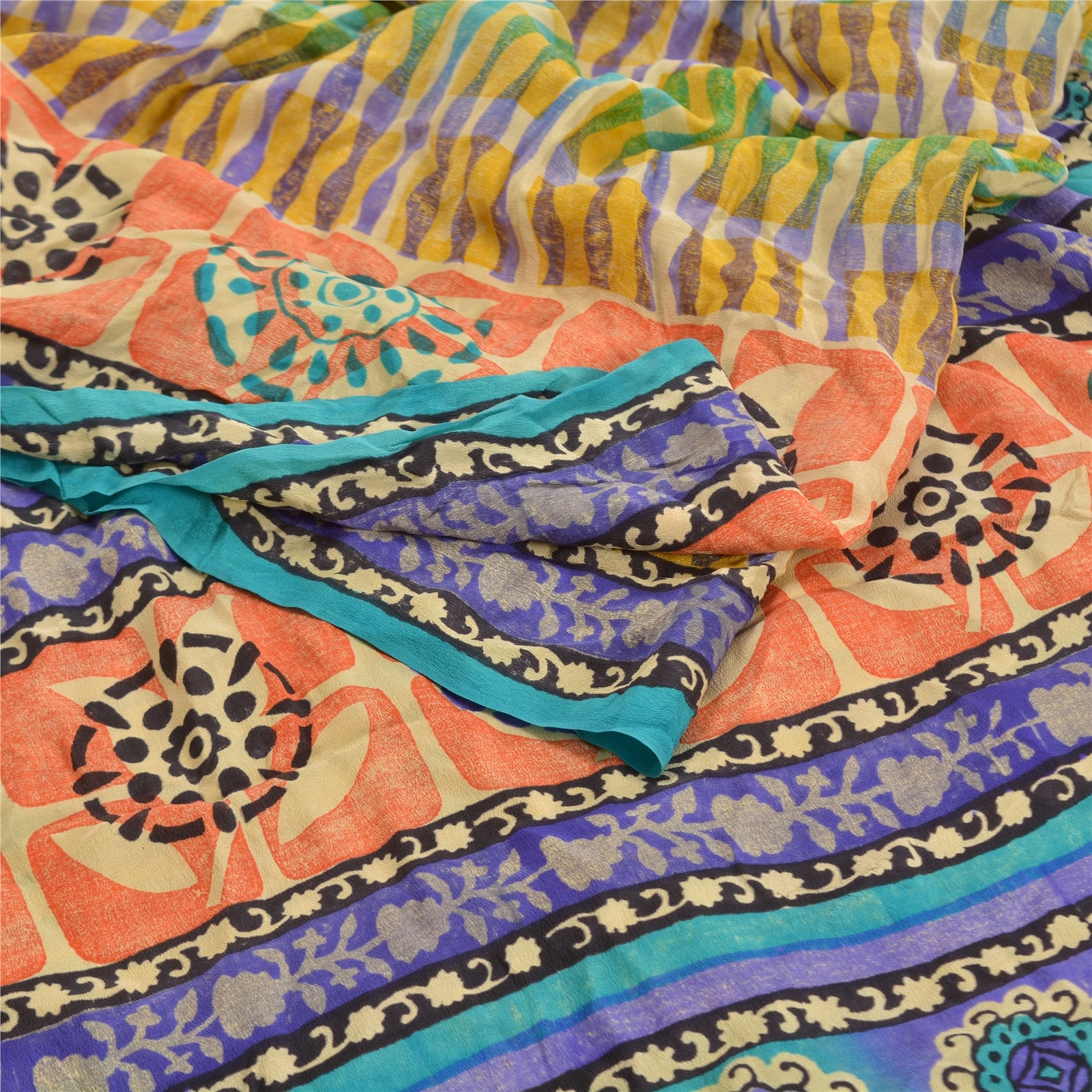 Sanskriti Vintage Multi Indian Sarees Pure Crepe Silk Printed Sari Craft Fabric, PRC-16350 image 1
