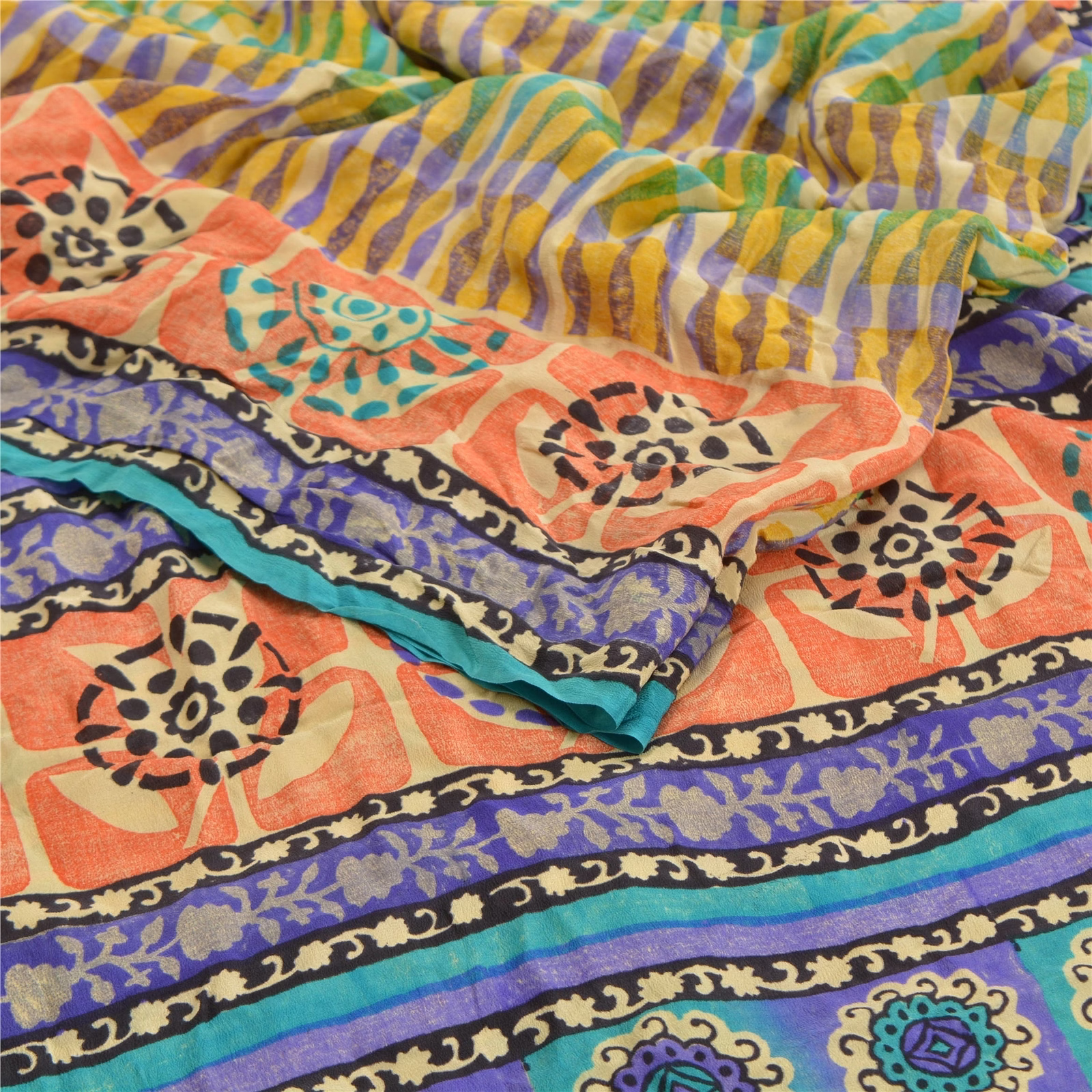 Sanskriti Vintage Multi Indian Sarees Pure Crepe Silk Printed Sari Craft Fabric, PRC-16350 image 2