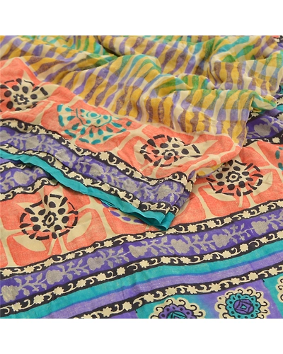 Sanskriti Vintage Multi Indian Sarees Pure Crepe Silk Printed Sari Craft Fabric, PRC-16350-Multi-Printed Floral Design-Pure Crepe Silk-2
