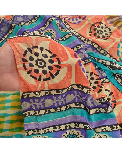 Sanskriti Vintage Multi Indian Sarees Pure Crepe Silk Printed Sari Craft Fabric, PRC-16350-Multi-Printed Floral Design-Pure Crepe Silk-3