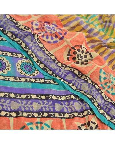 Sanskriti Vintage Multi Indian Sarees Pure Crepe Silk Printed Sari Craft Fabric, PRC-16350-Multi-Printed Floral Design-Pure Crepe Silk-5