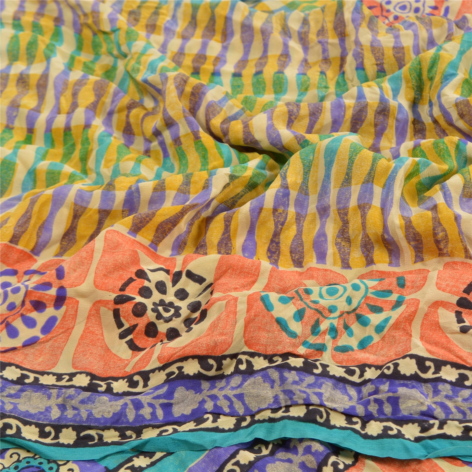 Sanskriti Vintage Multi Indian Sarees Pure Crepe Silk Printed Sari Craft Fabric, PRC-16350 image 6