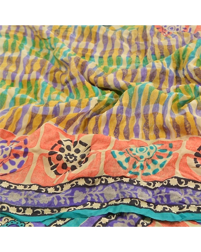Sanskriti Vintage Multi Indian Sarees Pure Crepe Silk Printed Sari Craft Fabric, PRC-16350-Multi-Printed Floral Design-Pure Crepe Silk-6